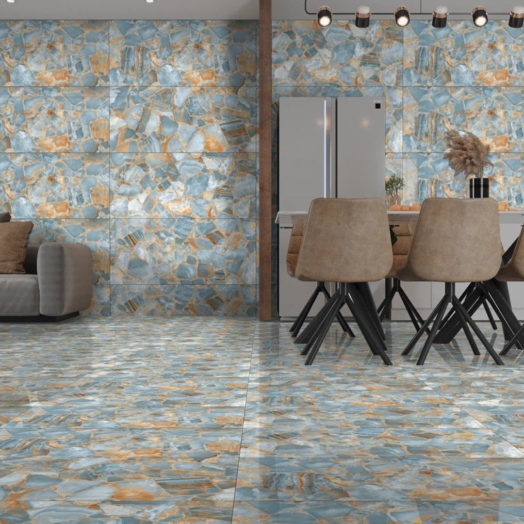 Agate aqua 60 x 120cm blue and gold mosaic tile flooring with polished stone-like finish