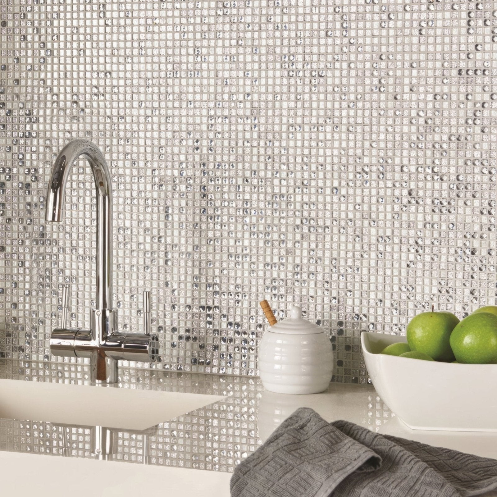 Shiny silver Agra sparkling mosaic tile backsplash with reflective glass material for modern kitchen walls