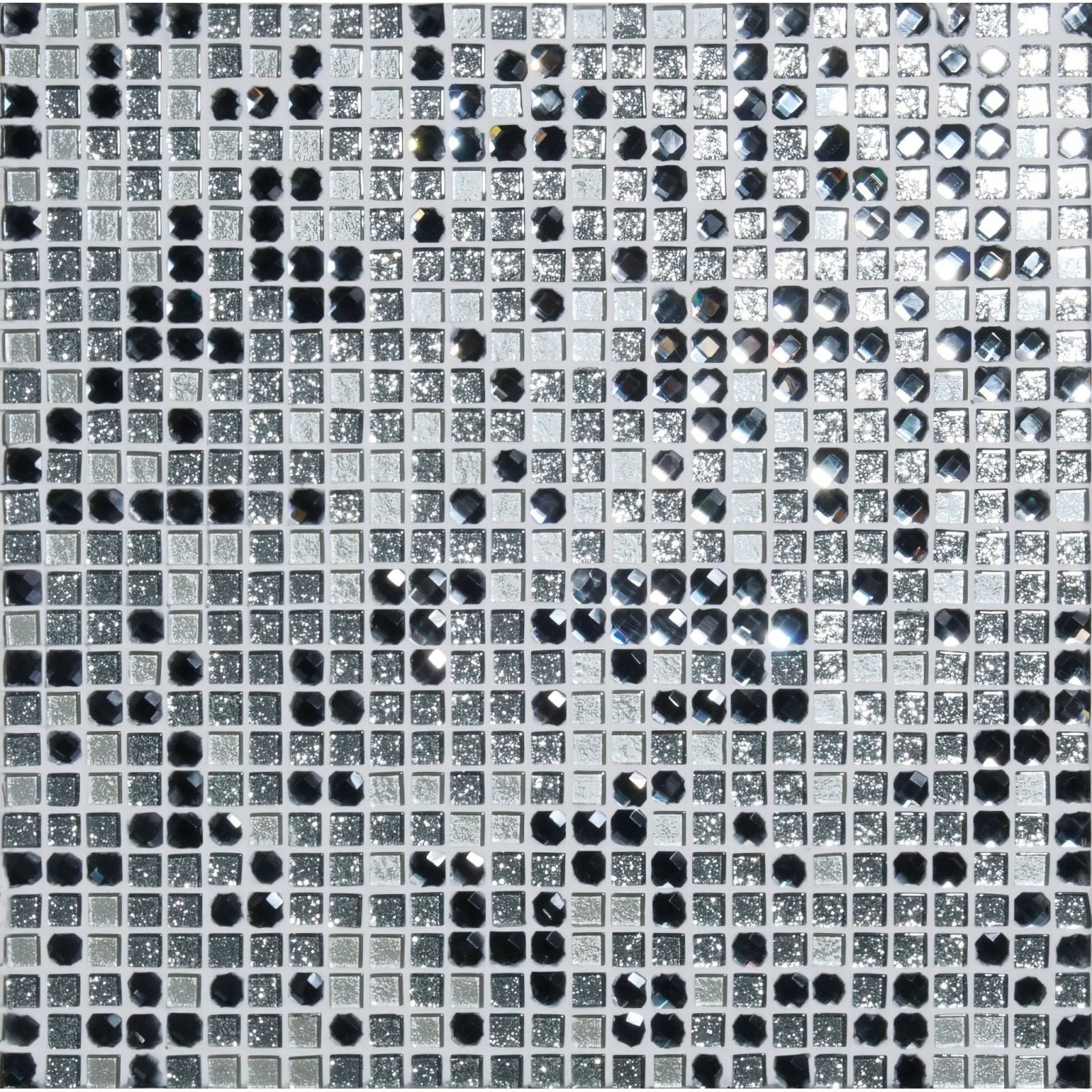 Black and silver agra sparkling mosaic tile with faceted design for decorative wall and surface applications