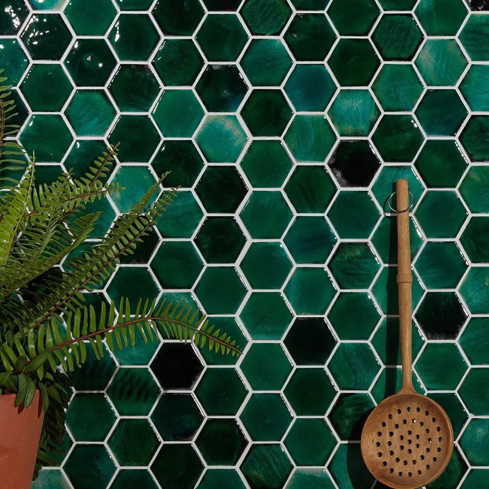 Akazu porcelain emerald mosaic hexagonal tile wall with emerald green color and white grout lines