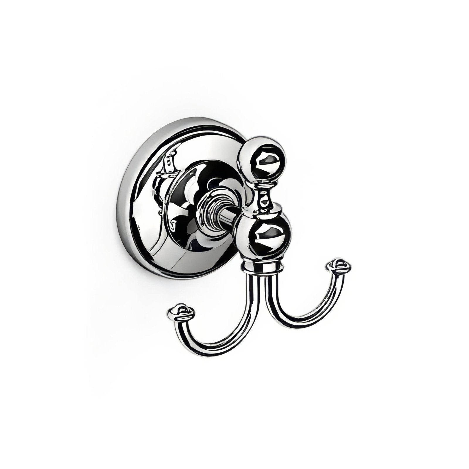 Albany double hook chrome towel rack with ornate spherical detailing and polished reflective chrome finish