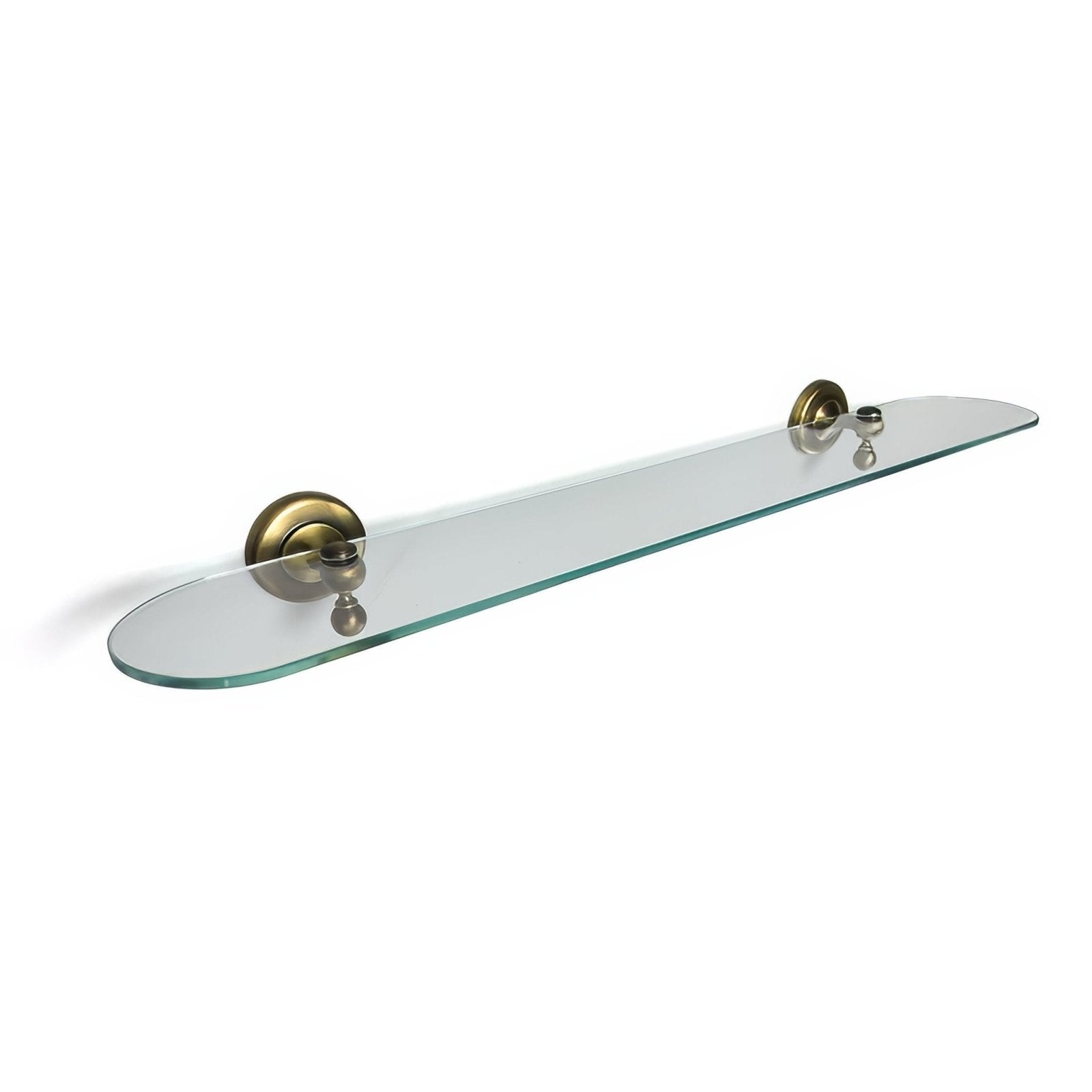 Albany glass shelf with clear glass and elegant aged brass mounting brackets for stylish wall display