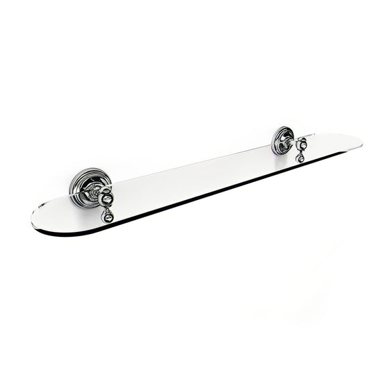 Albany glass shelf chrome finished with ornate circular mounting brackets for stylish wall display