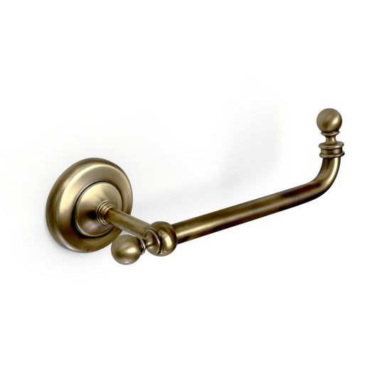 Antique brass-finished wall-mounted albany open toilet roll holder with ornate spherical accents and curved design