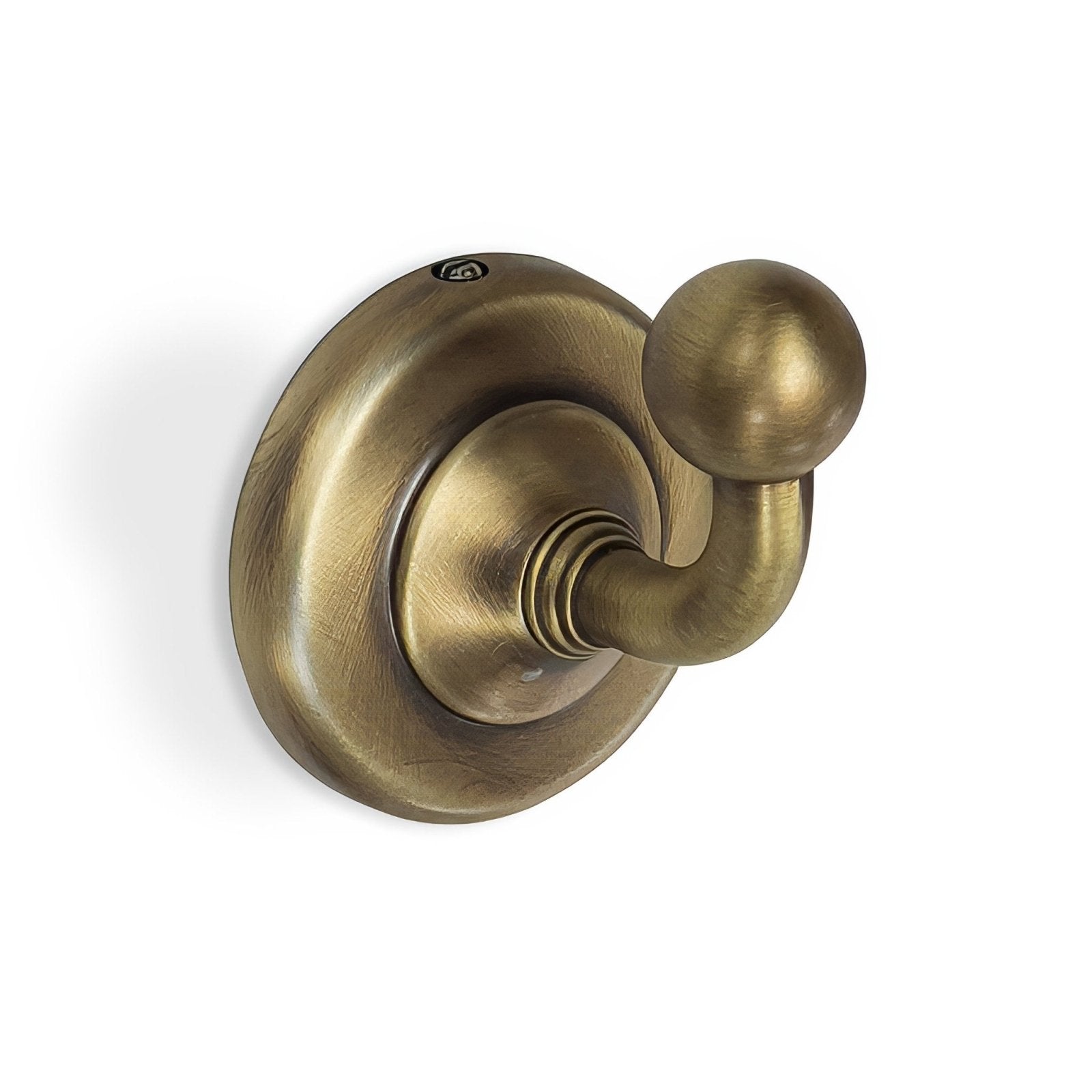 Antique brass-finished wall-mounted robe hook with rounded knob and classic scrollwork aged brass albany single hook