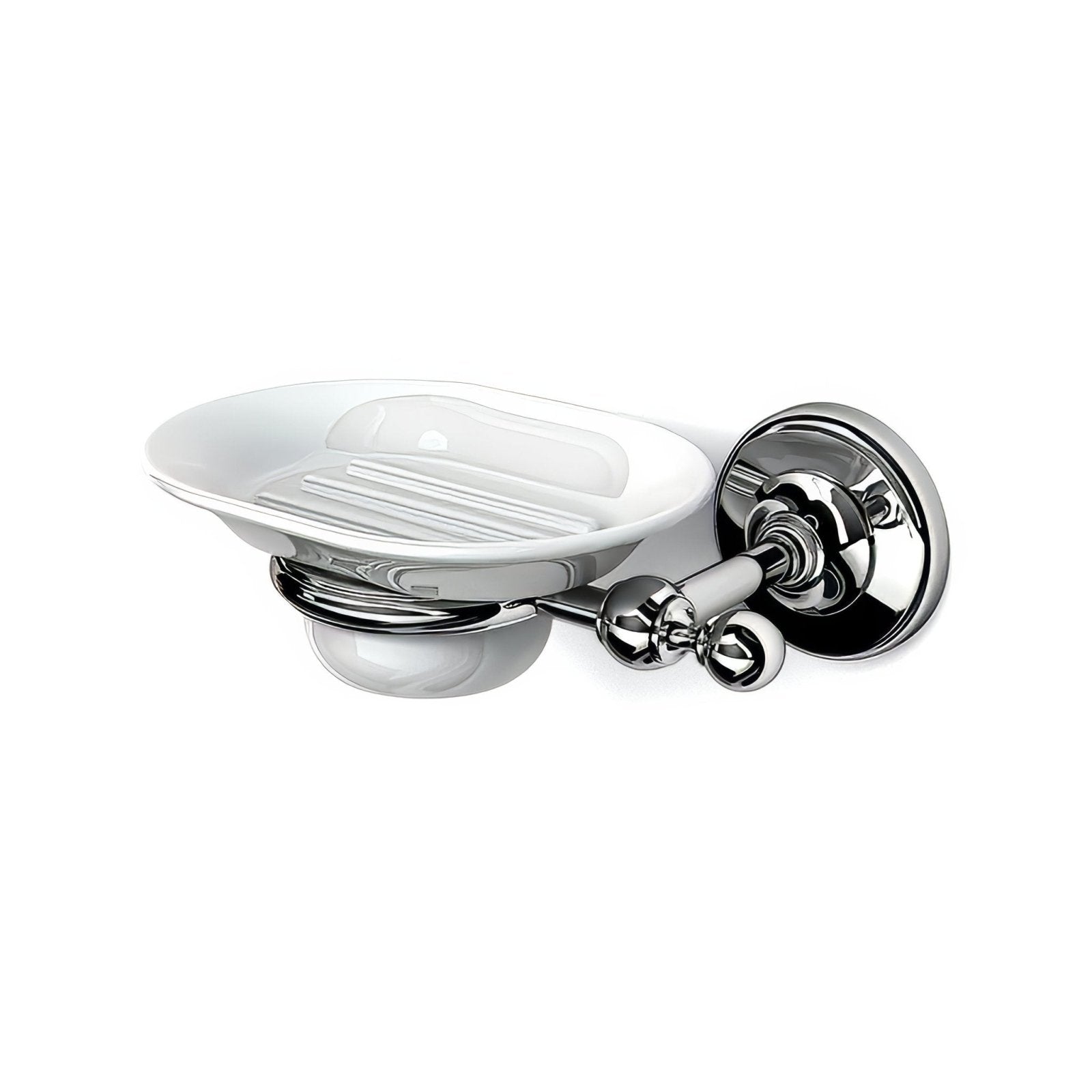 Albany soap dish chrome wall-mounted with white ceramic bowl and integrated ridges for bar soap