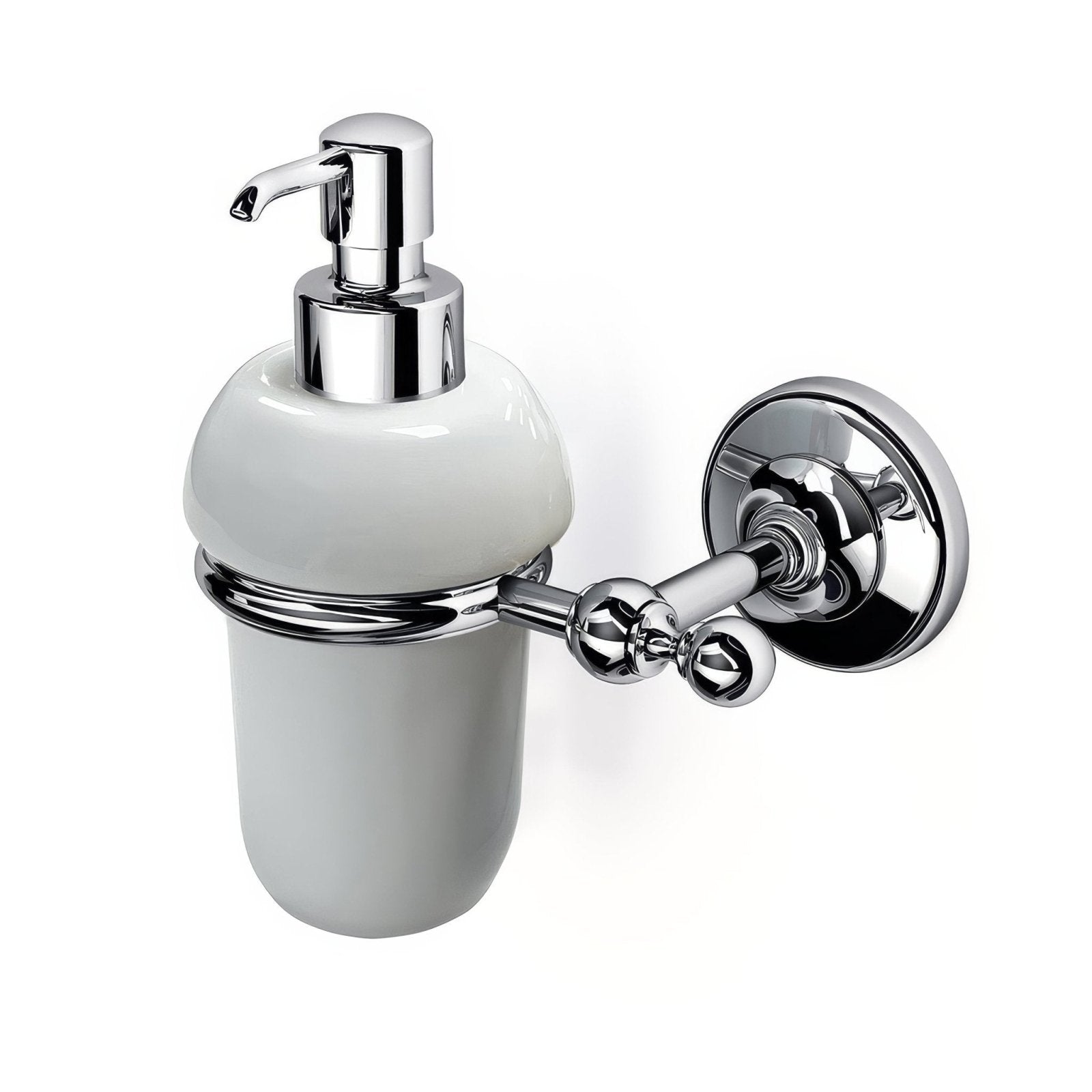 Albany soap dispenser chrome with glossy white ceramic body and decorative spherical accents wall-mounted design