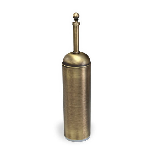 Antique brass-finished albany toilet brush holder with brushed metal cylindrical body and spherical top cap