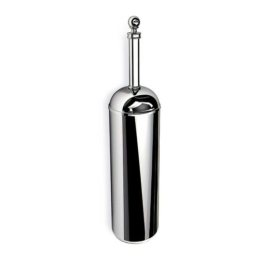 Shiny chrome finished albany toilet brush holder with sleek cylindrical design and polished spherical top