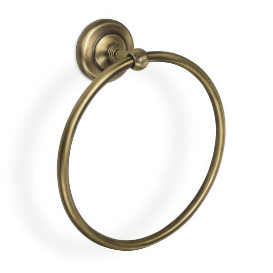 Antique brass-finished albany towel ring with a classic textured finish and decorative mounting plate