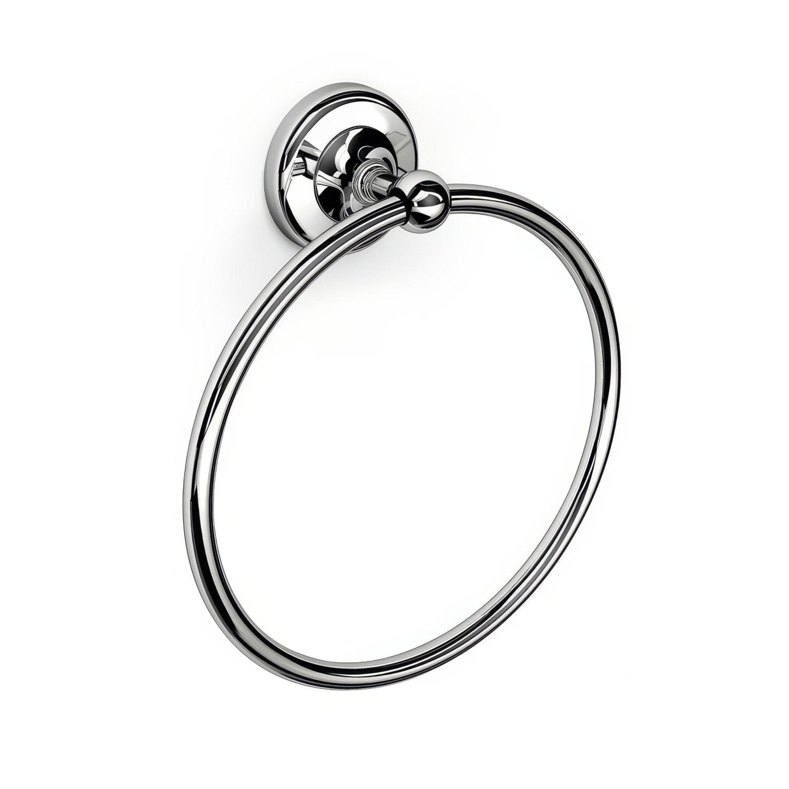 Albany towel ring chrome with a polished reflective chrome finish and decorative spherical accent at the mounting point