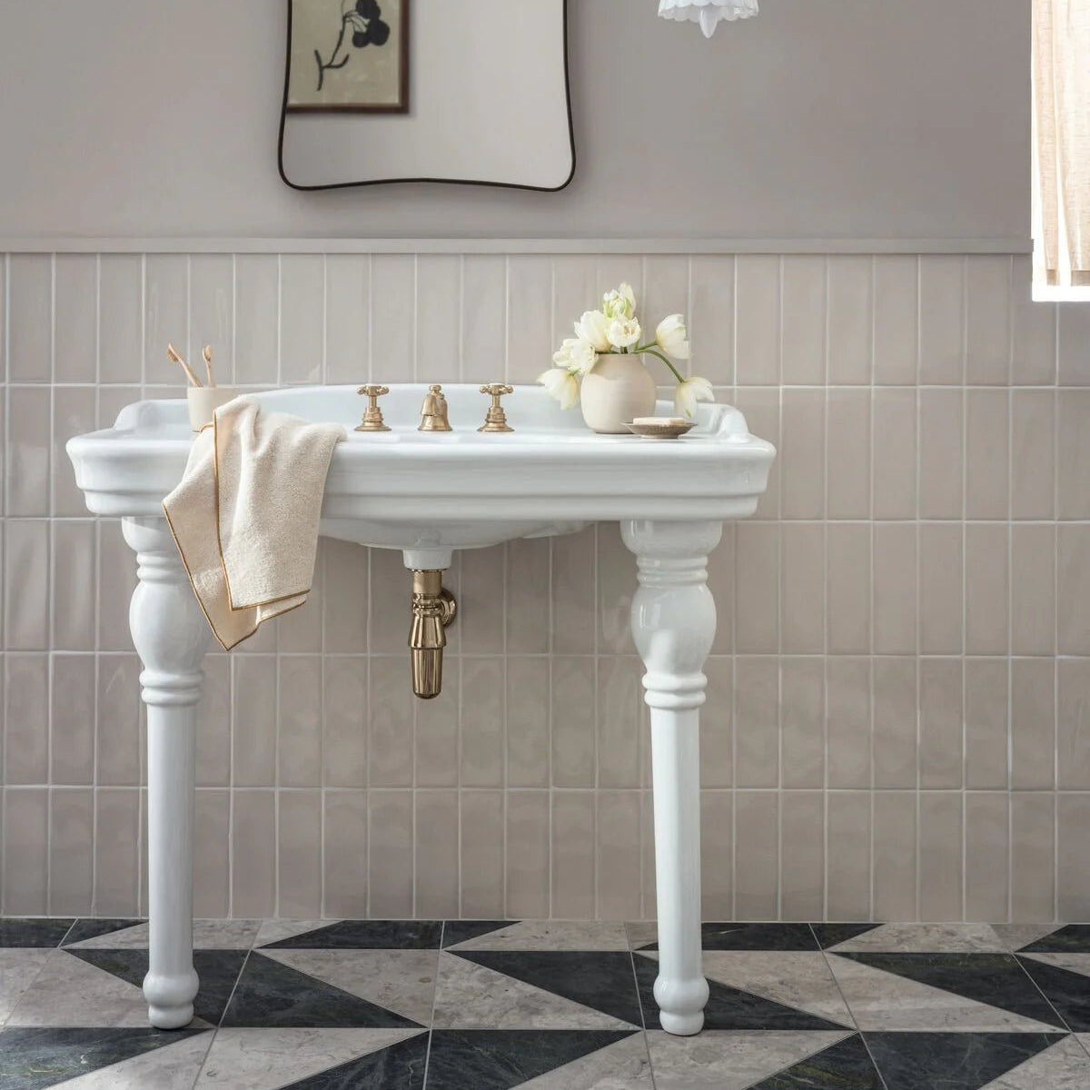 Alhambra White 7.5 x 22.5 Rectangular Glazed Tile on a bathroom wall