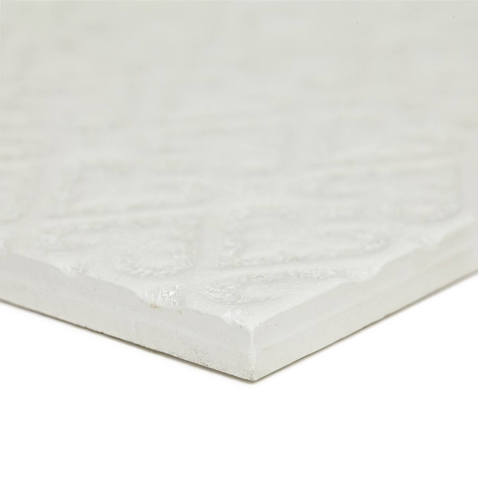 Alhambra white decor 2 glazed tile with white textured surface and subtle raised geometric pattern for stylish walls