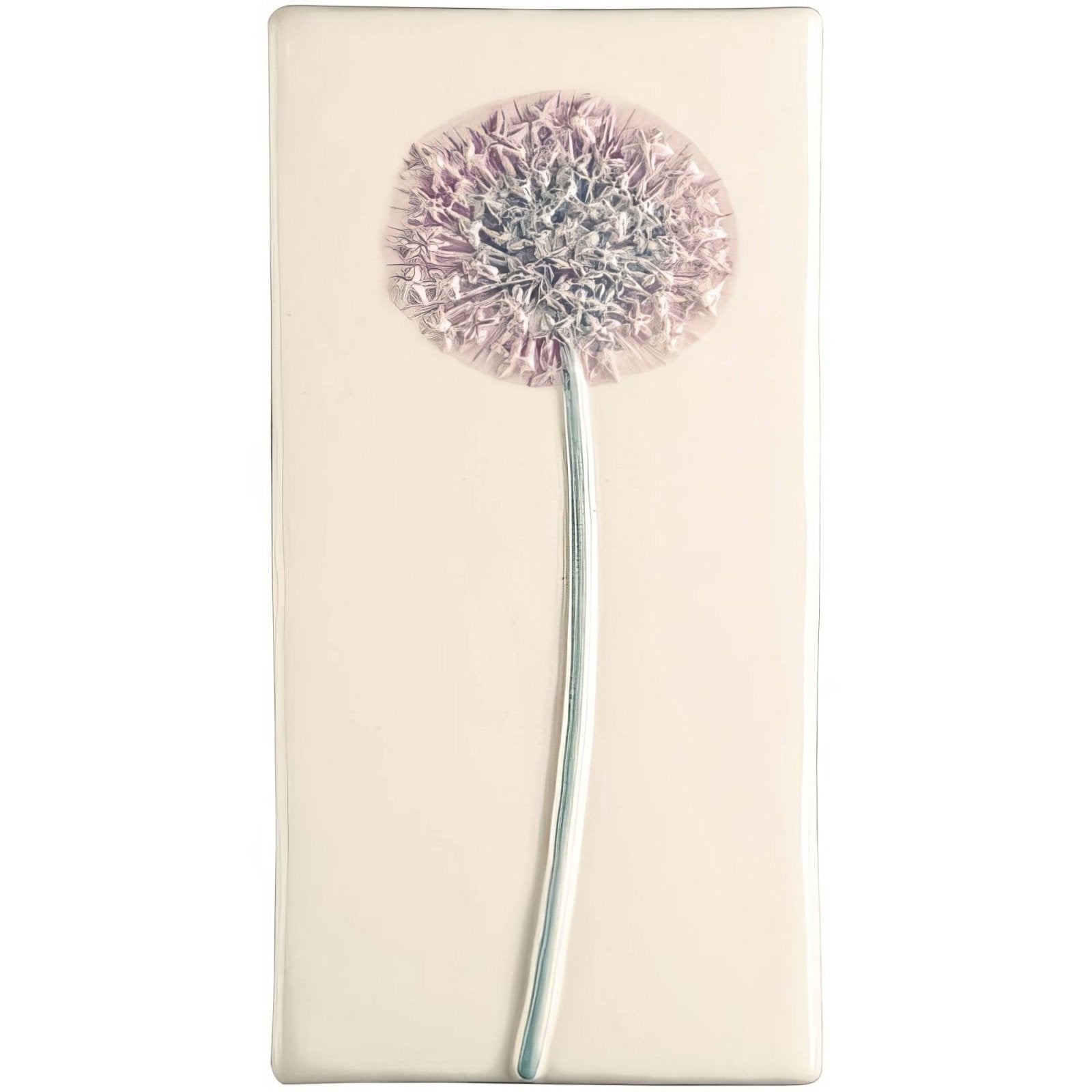 A cream-colored ceramic tile allium on off white with a raised textured dandelion design in silver and pale pink hues