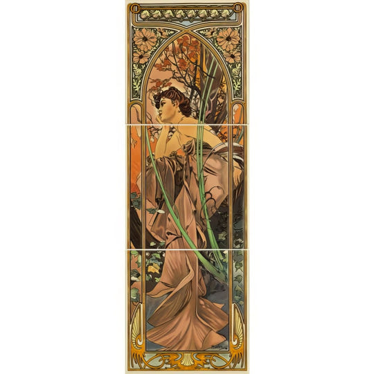 Alphonse Mucha Evening Reverie (Left Hand) 3-Tile Set on County White - Ceramic - Decorated