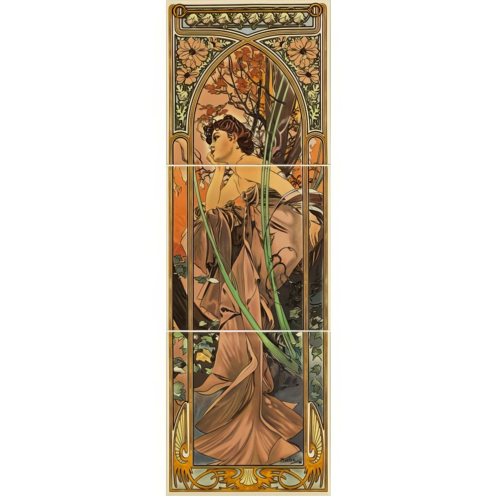 Alphonse Mucha Evening Reverie (Left Hand) 3-Tile Set on County White