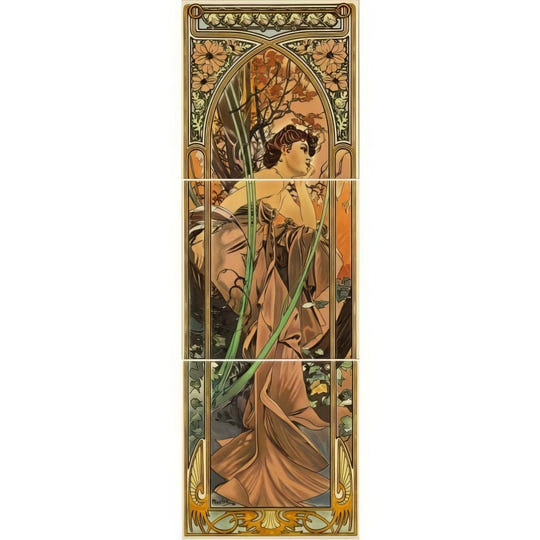 Alphonse Mucha Evening Reverie (Right Hand) 3-Tile Set on County White - Ceramic - Decorated