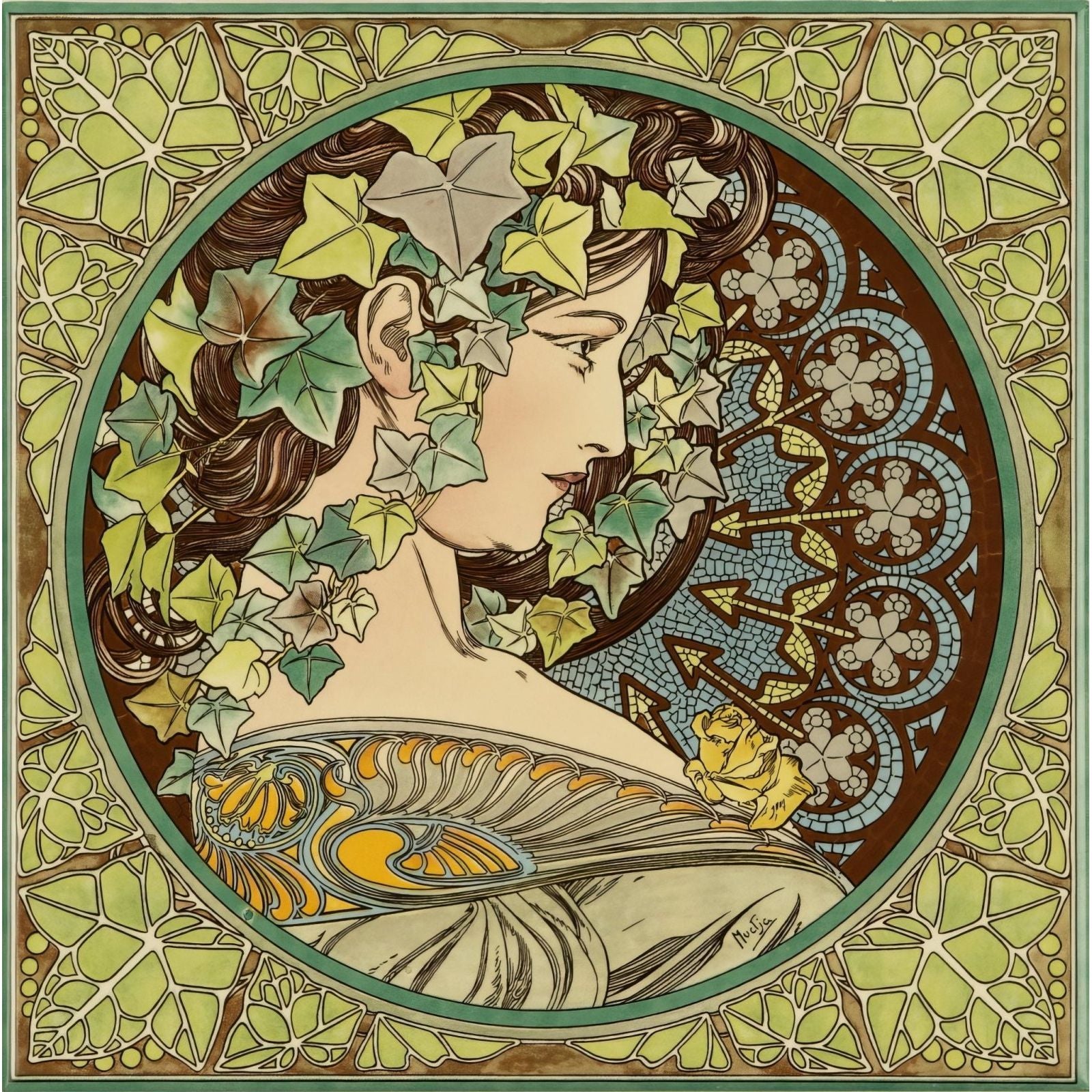 Art nouveau circular portrait of a woman with dark hair and ivy leaves on county white paper by alphonse mucha