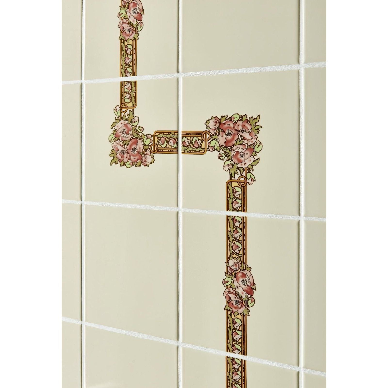 Beige ceramic alphonse mucha nocturnal slumber border tile with pink and gold floral design on county white