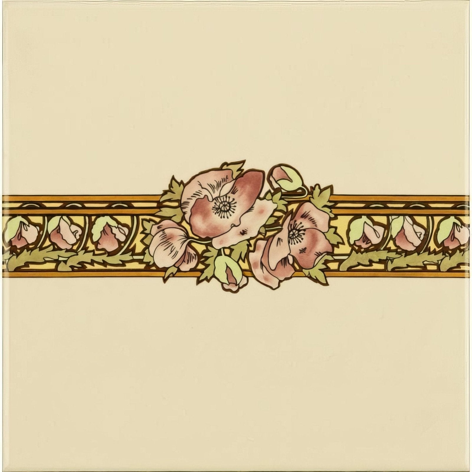 Beige ceramic tile with ornate gold border featuring pink poppy flowers and green leaves in art nouveau design