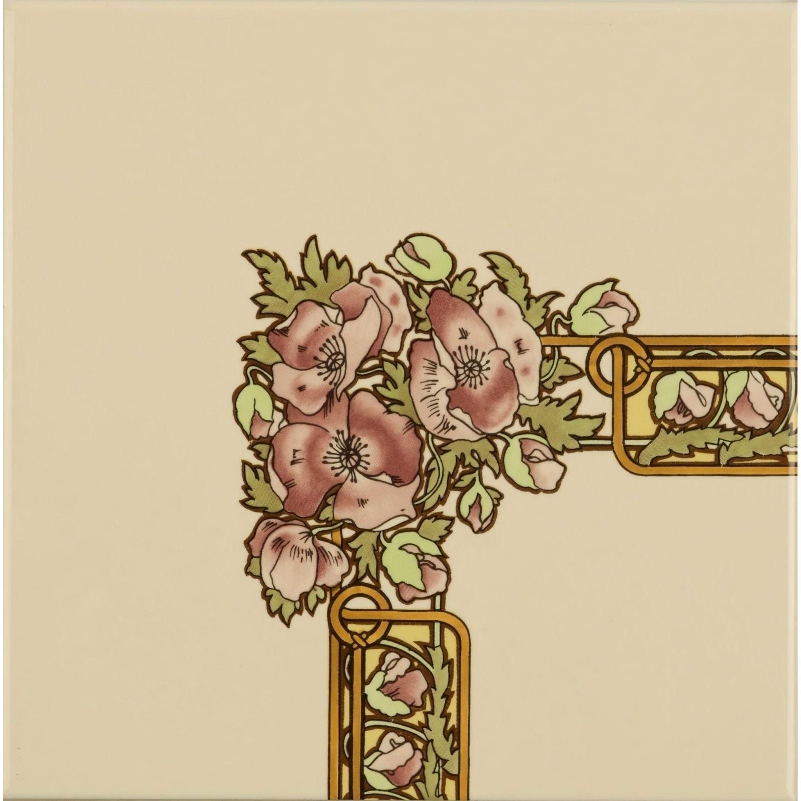Alphonse Mucha nocturnal slumber corner tile with art deco ceramic pink poppies and green leaves in gold metal frame