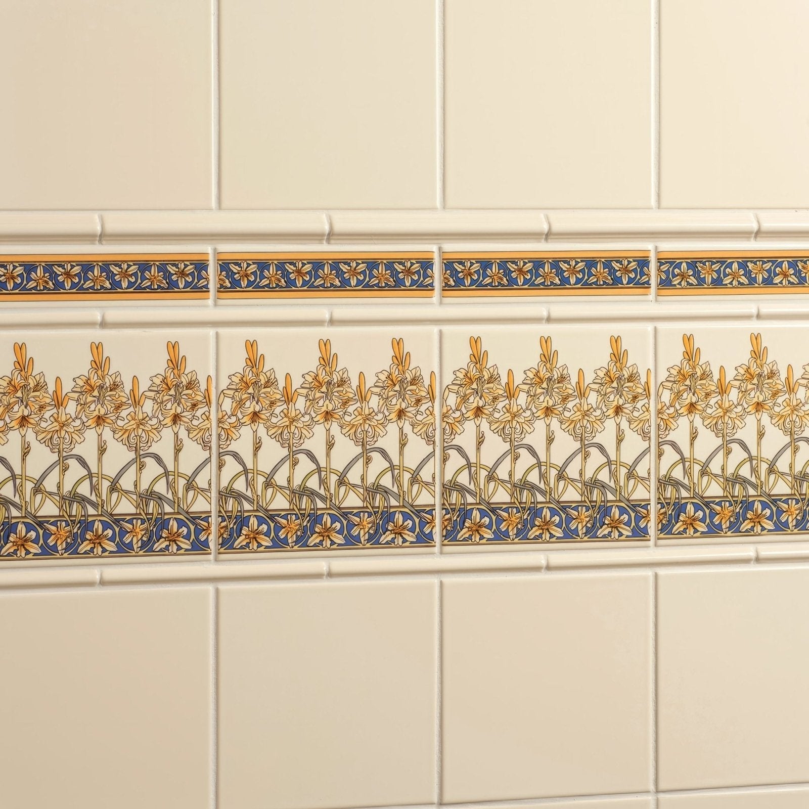 Beige ceramic wall tiles alphonse mucha orchid on county white with blue and gold floral decorative border