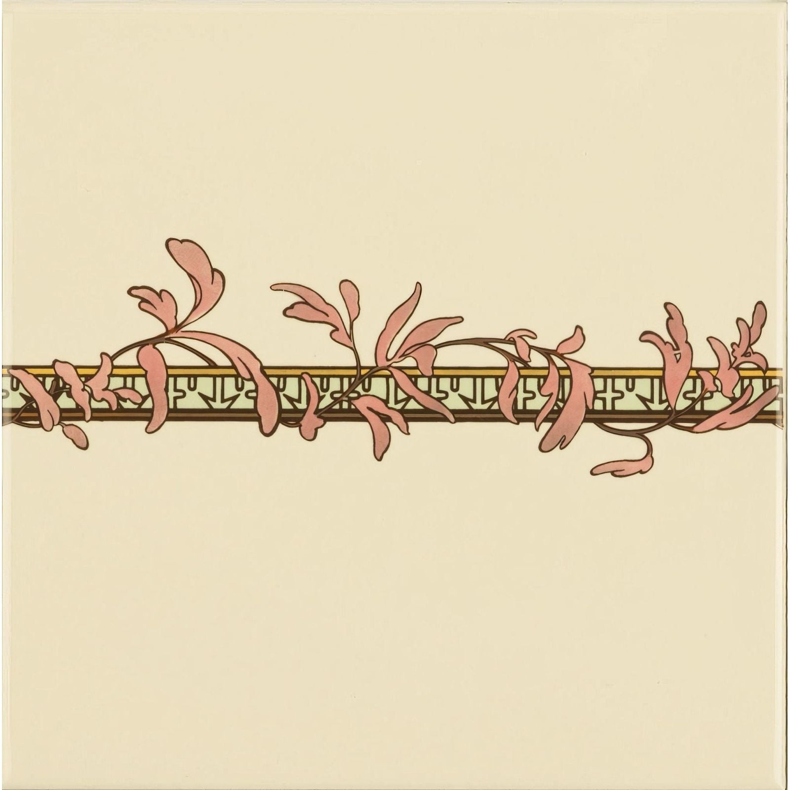 Alphonse mucha spring border tile on county white featuring a delicate pink vine motif over a gold and green geometric border