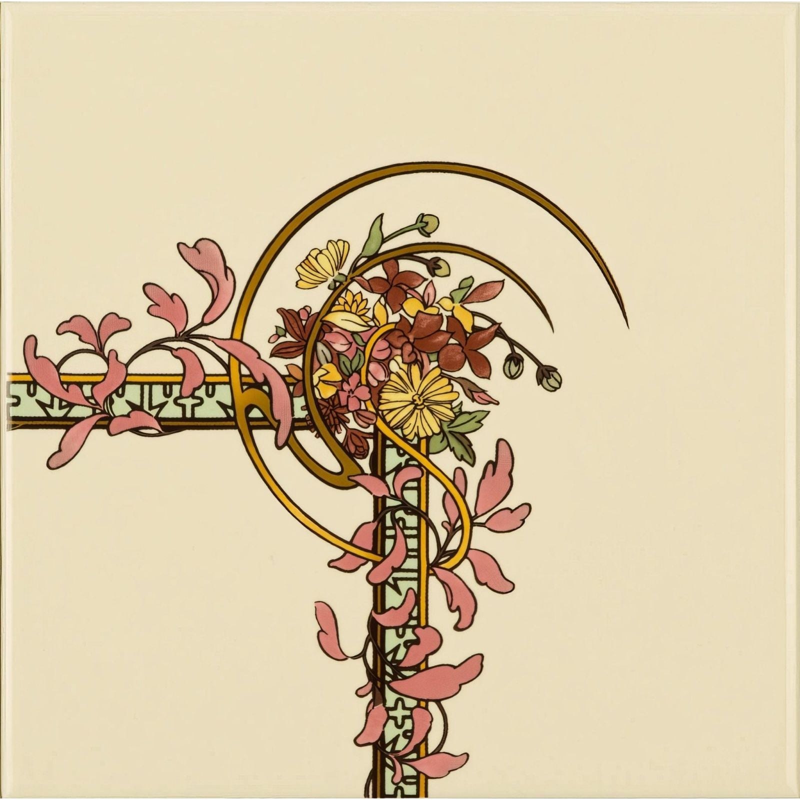 Art nouveau style corner tile featuring golden swirling vines with pink and yellow flowers on cream county white background
