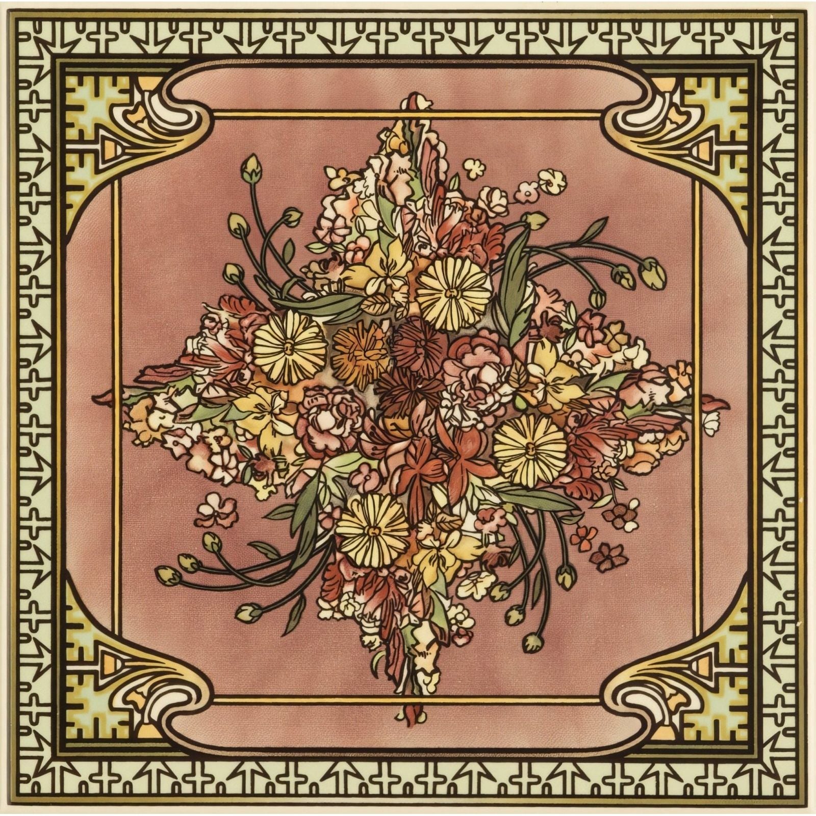 A square scarf with an intricate floral bouquet in warm pink yellow and brown tones on a muted rose background