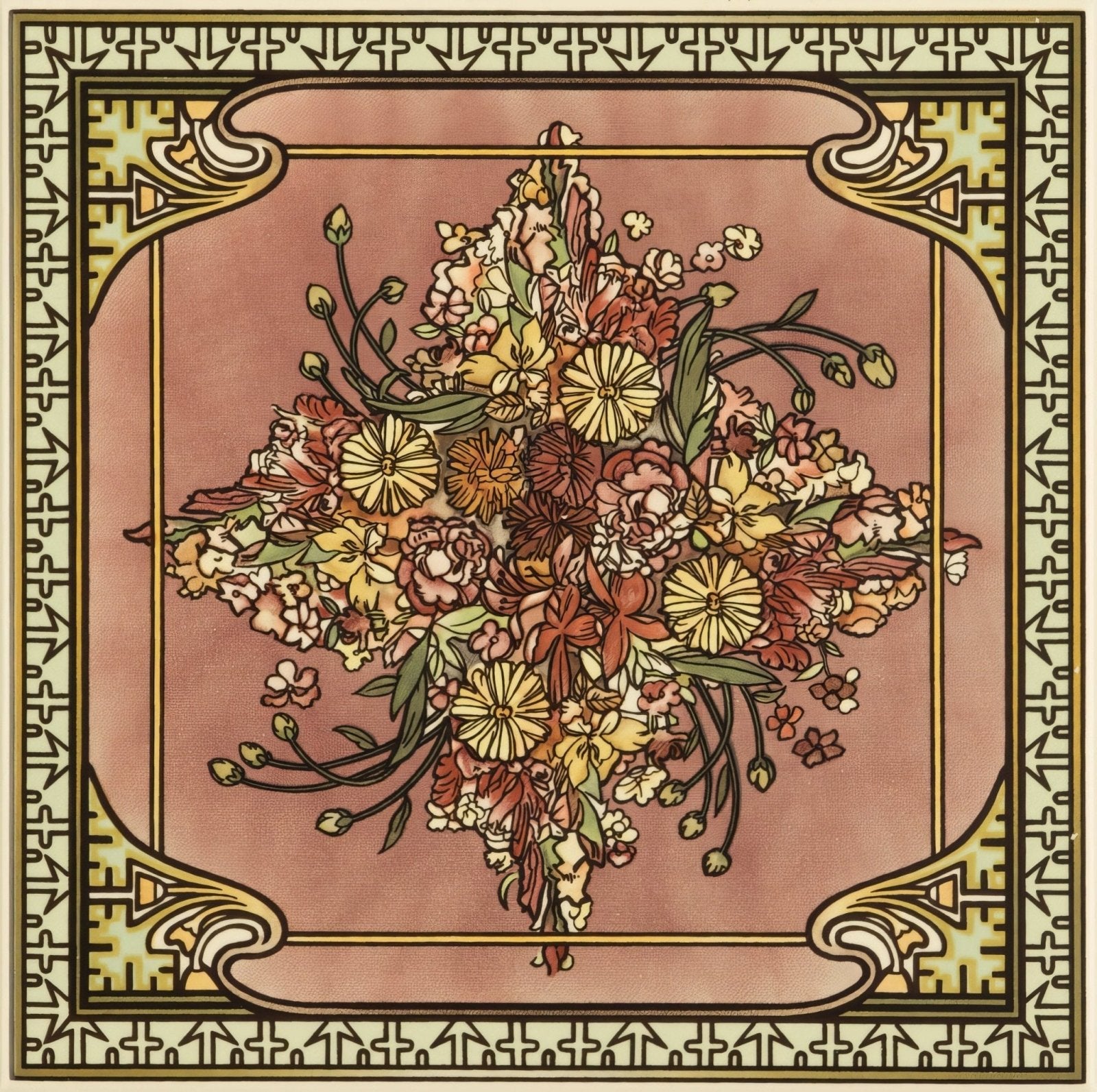 Alphonse Mucha Spring Single Floral Tile on County White