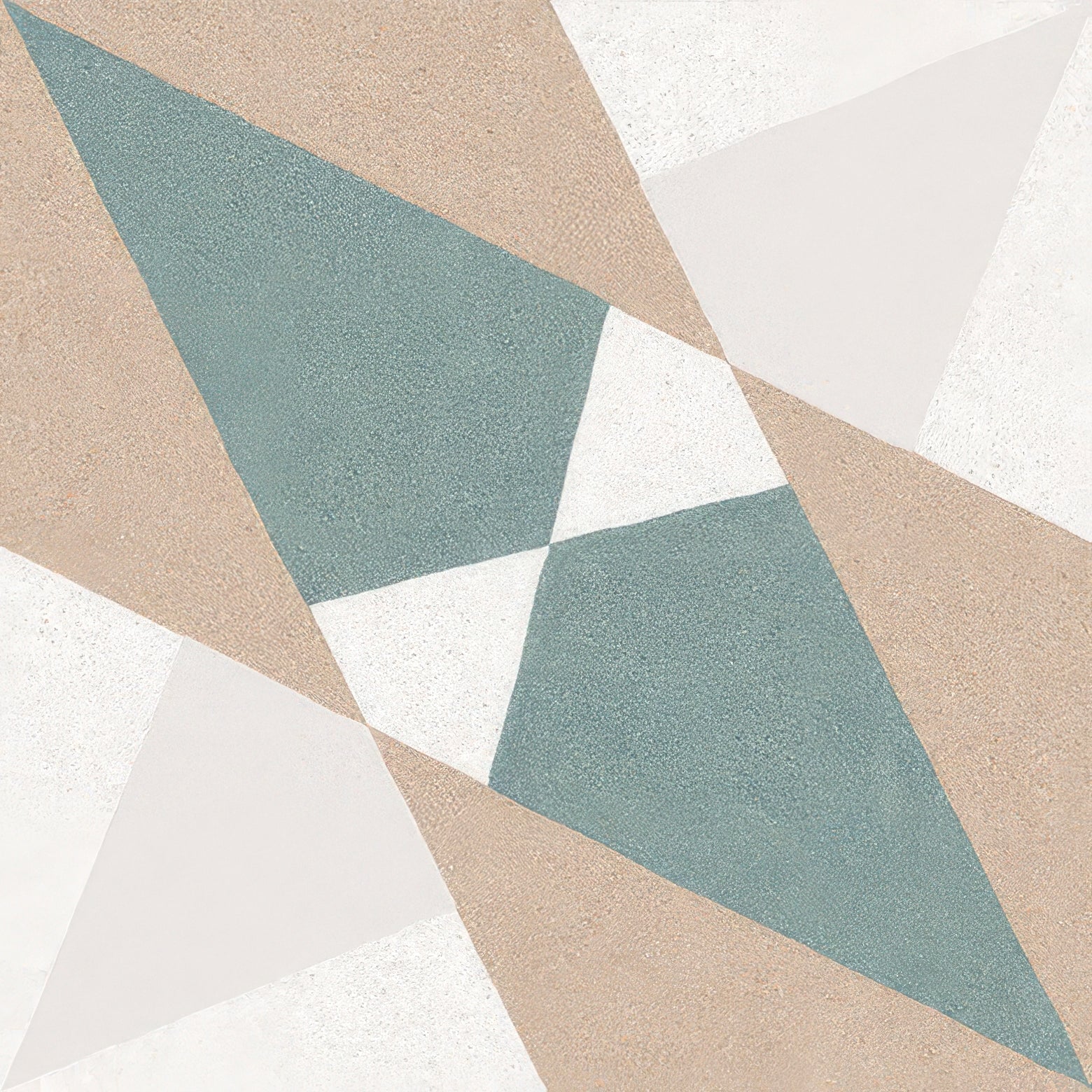 Altea beige taco geometric tile with textured surface featuring intersecting triangles in muted teal beige and off-white tones