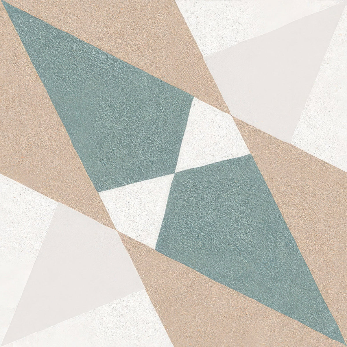 Altea beige taco geometric tile with textured surface featuring intersecting triangles in muted teal beige and off-white tones