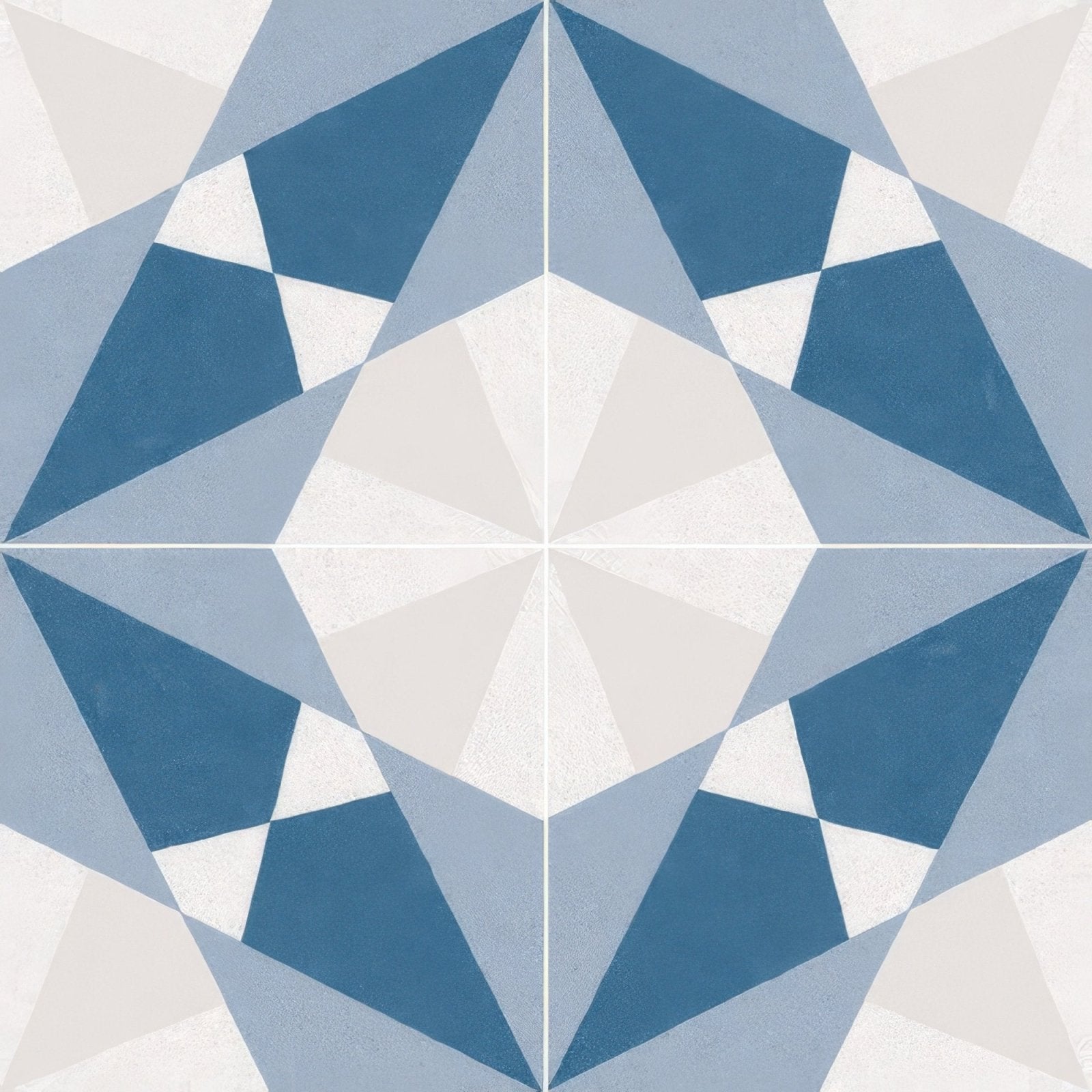 Altea blue taco geometric patterned tile with symmetrical starburst design in blue white and gray for wall or floor use