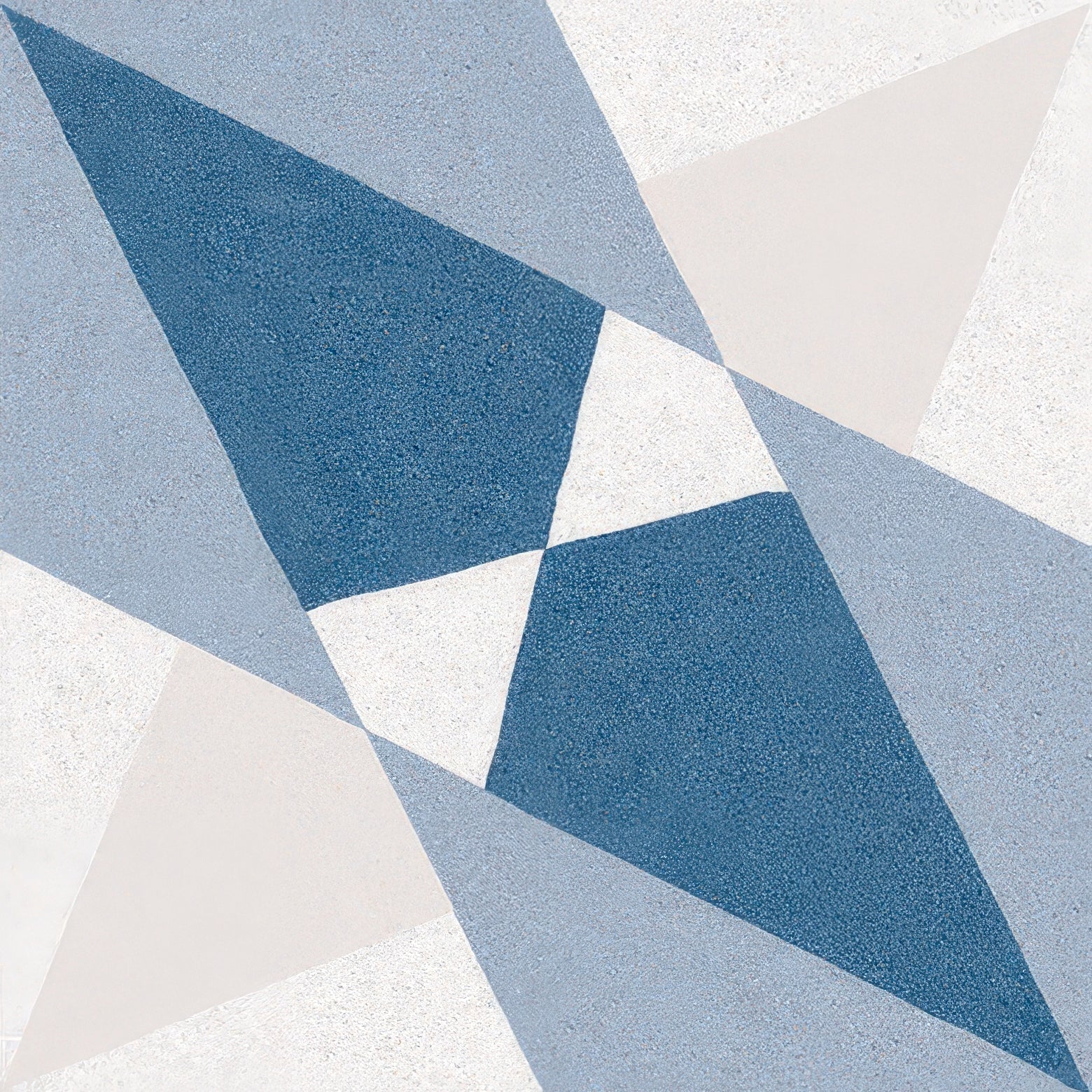 Altea blue taco geometric wallpaper with textured finish featuring intersecting blue white and beige triangles