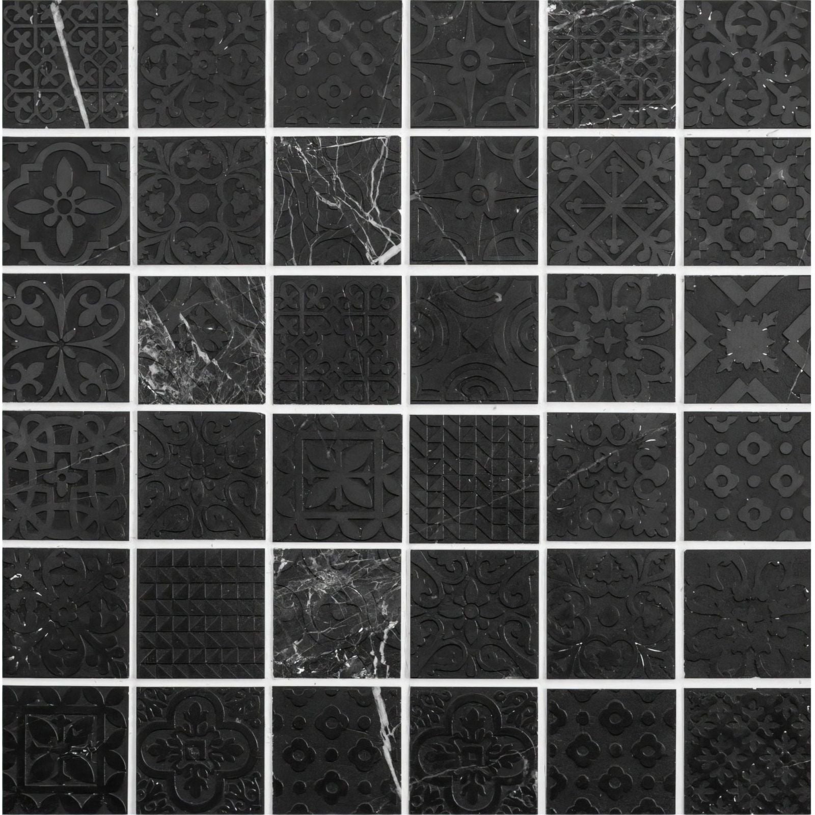 Alto black marble patterned mosaic tile featuring intricate embossed patterns and subtle marble veining