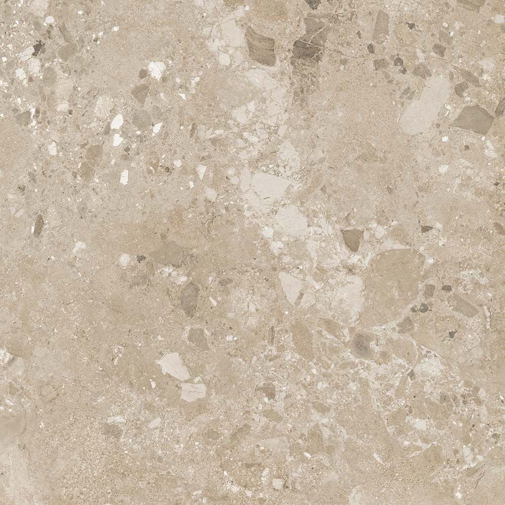 Amaya terrazzo beige matt 90 x 90cm tile with gray white and dark flecked speckled pattern for flooring and walls