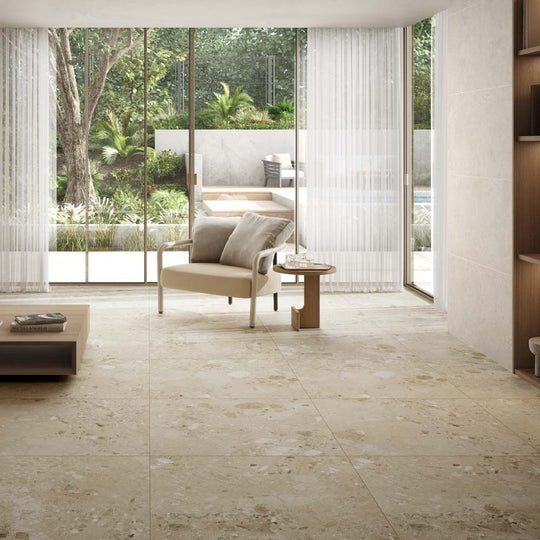 Beige stone effect amaya terrazzo floor tile with subtle natural veining and matte finish 90 x 90 cm