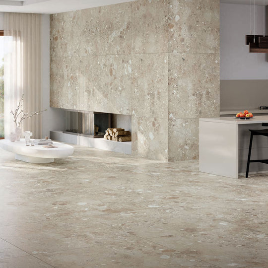 Beige stone-effect floor and wall tiles with natural speckled texture amaya terrazzo natural matt 90 x 90cm