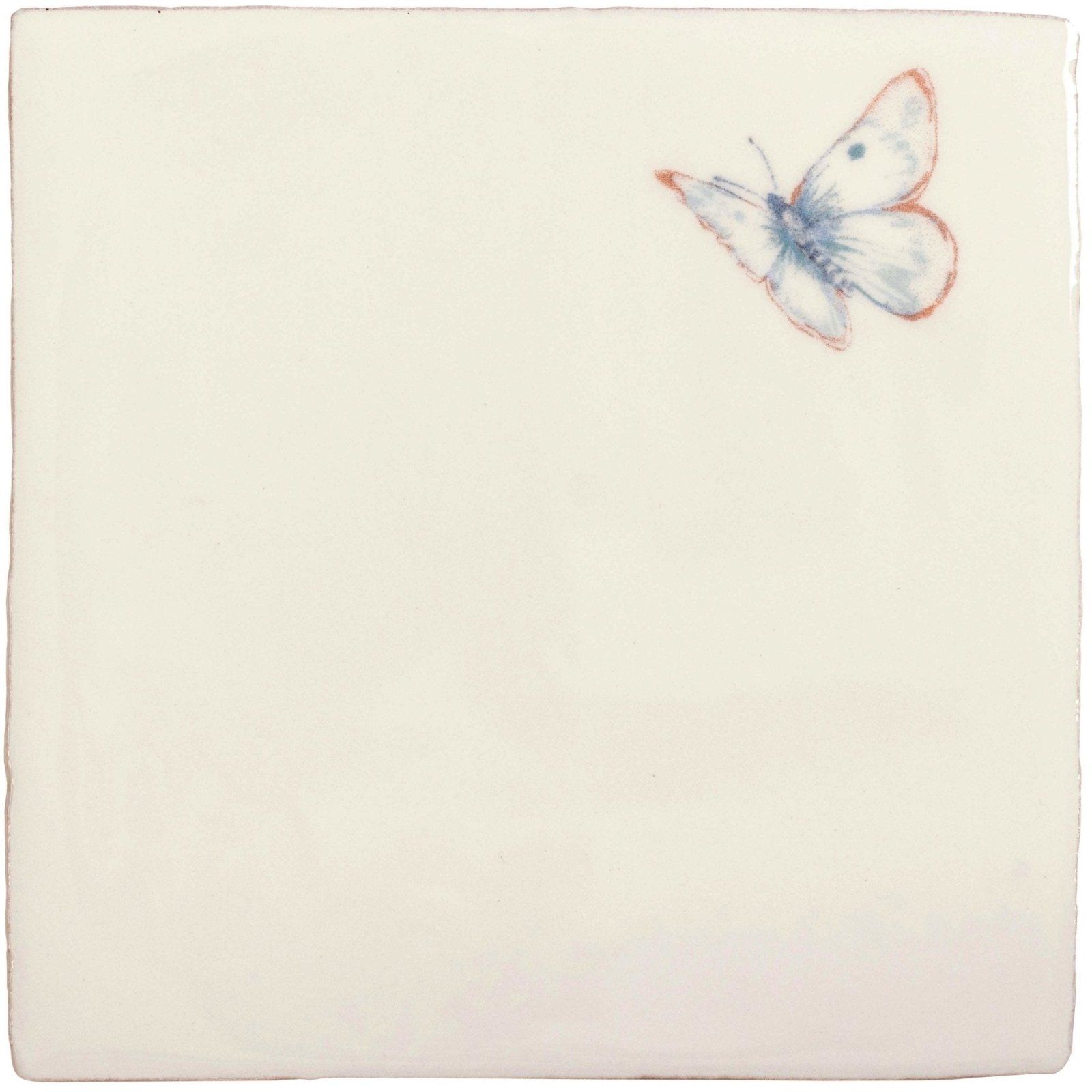 Cream-colored ceramic tile amethyst aurora pastel on cotton featuring a delicately painted white butterfly with blue and red accents