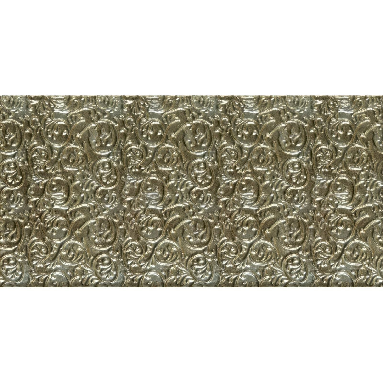 Amun-Ra decorative glass silver metallic wall panel with intricate repeating floral and scrollwork embossing