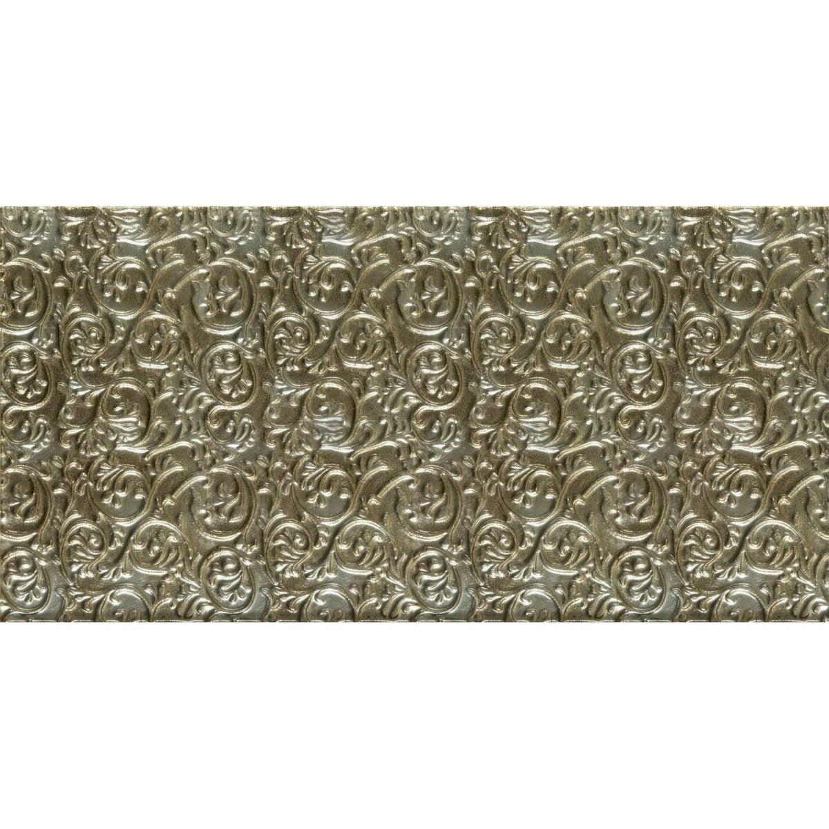 Amun-Ra decorative glass silver metallic wall panel with intricate repeating floral and scrollwork embossing