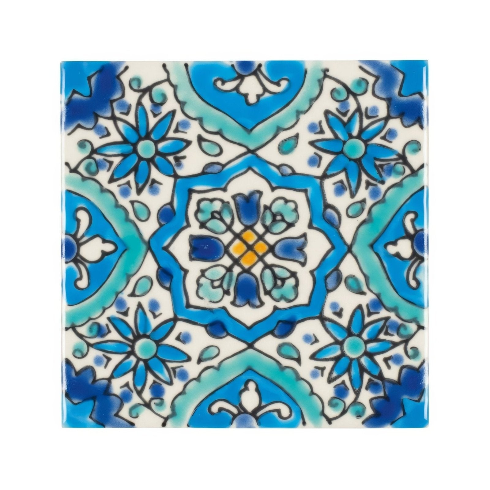 Andalucia Belmez patterned tile ceramic square with intricate blue and turquoise floral hand-painted designs on white background
