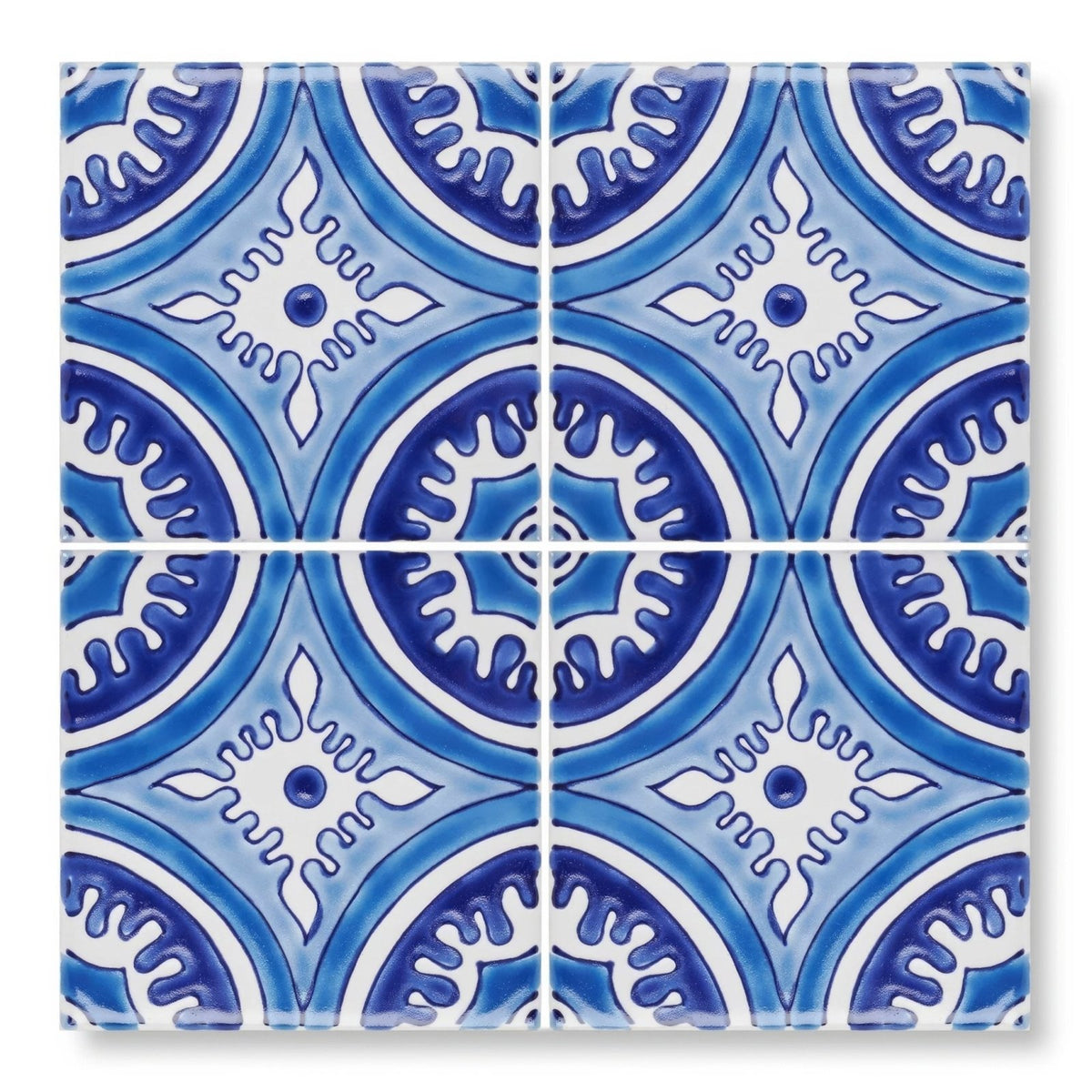 Andalucia hacienda blue and white ceramic tiles with intricate symmetrical patterned design for decorative use