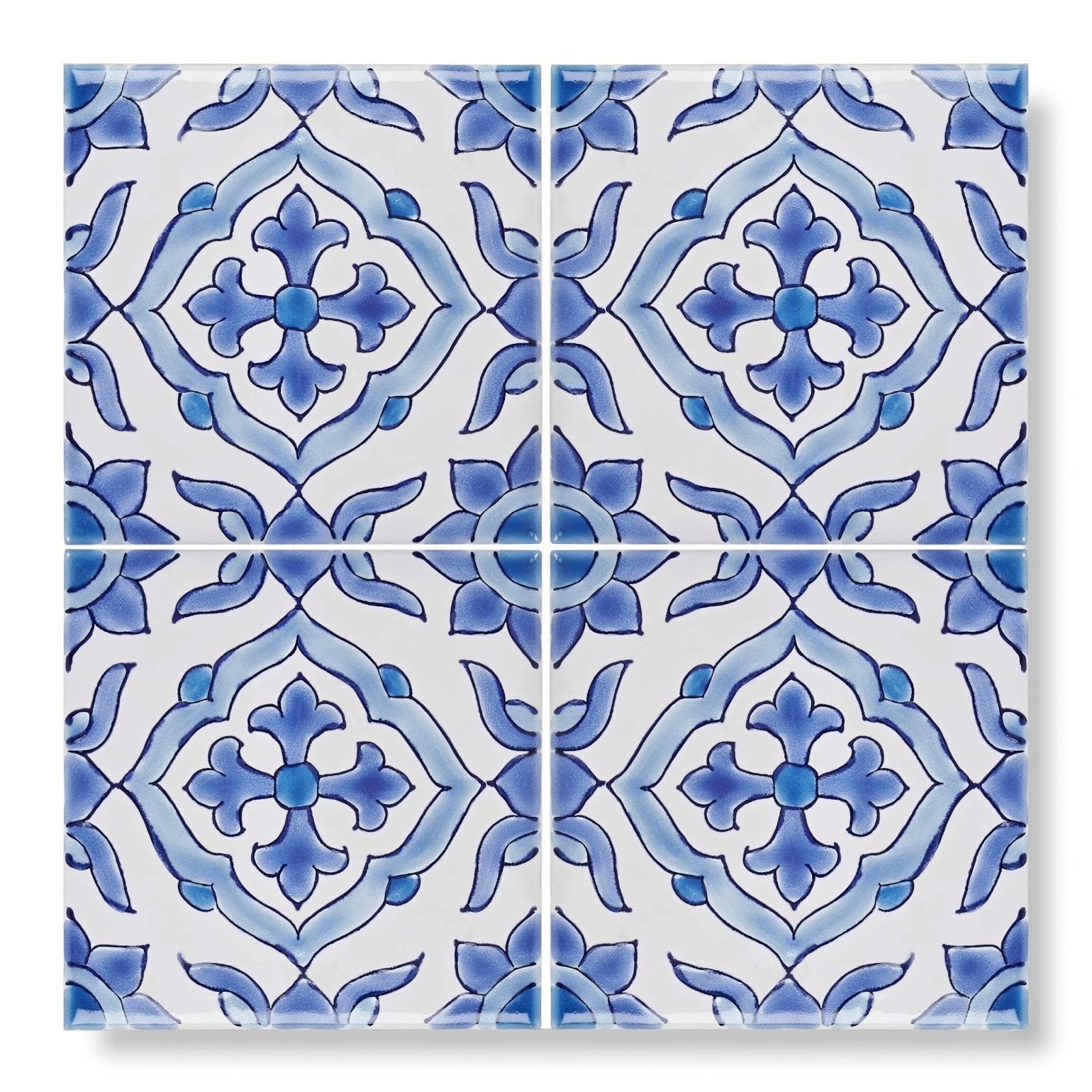 Blue and white ceramic patterned tile with intricate symmetrical floral design from andalucia jerez collection