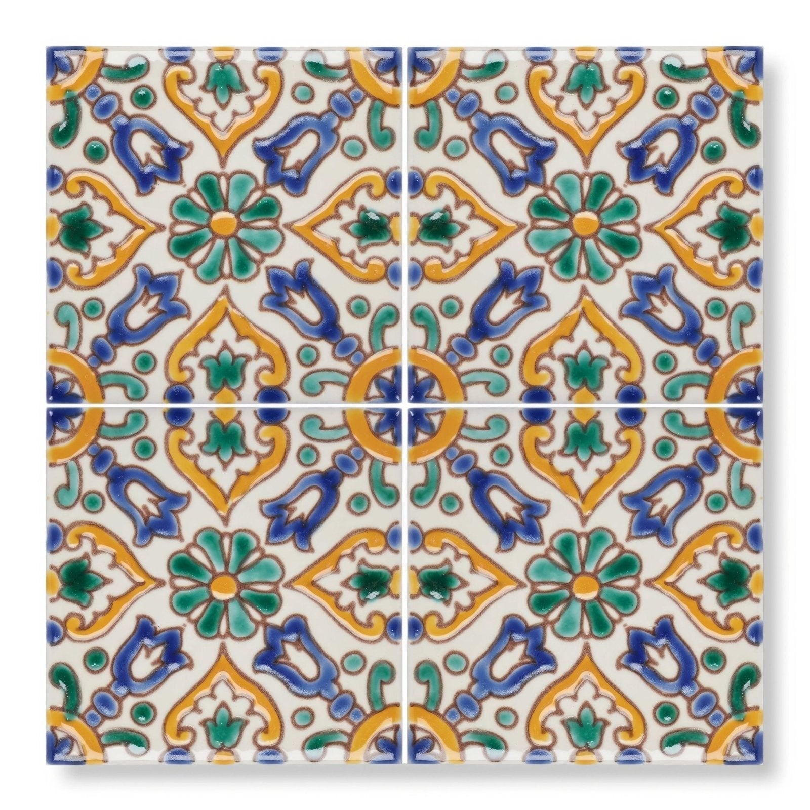 Four-by-four ceramic tile set with vibrant blue green and yellow floral and geometric patterns on cream background