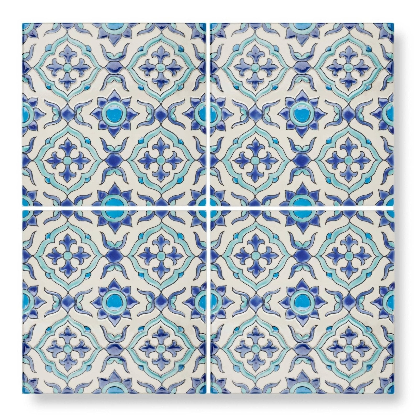 Andalucia morena 20 x 20 patterned ceramic tile with blue and turquoise intricate floral designs
