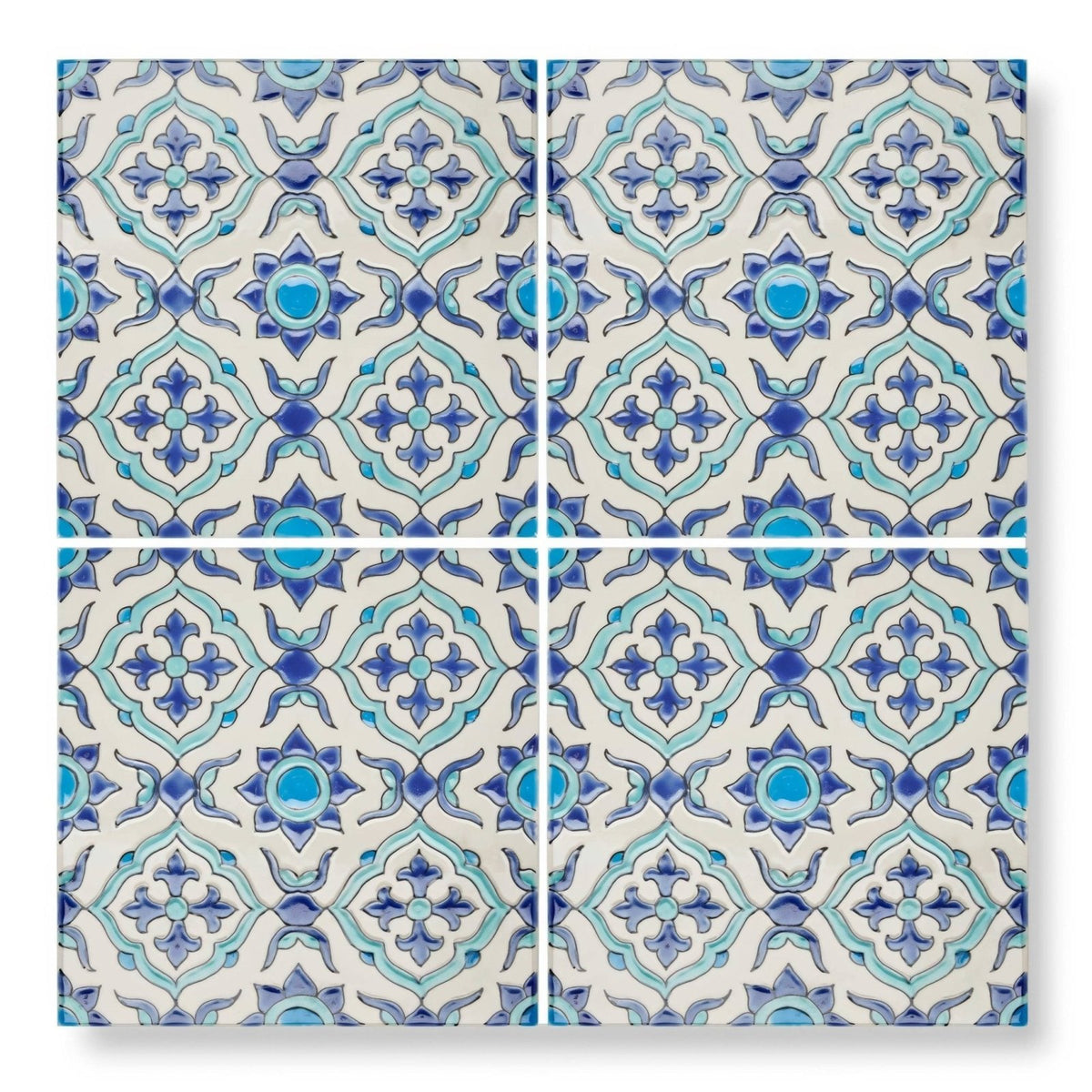 Andalucia morena 20 x 20 patterned ceramic tile with blue and turquoise intricate floral designs