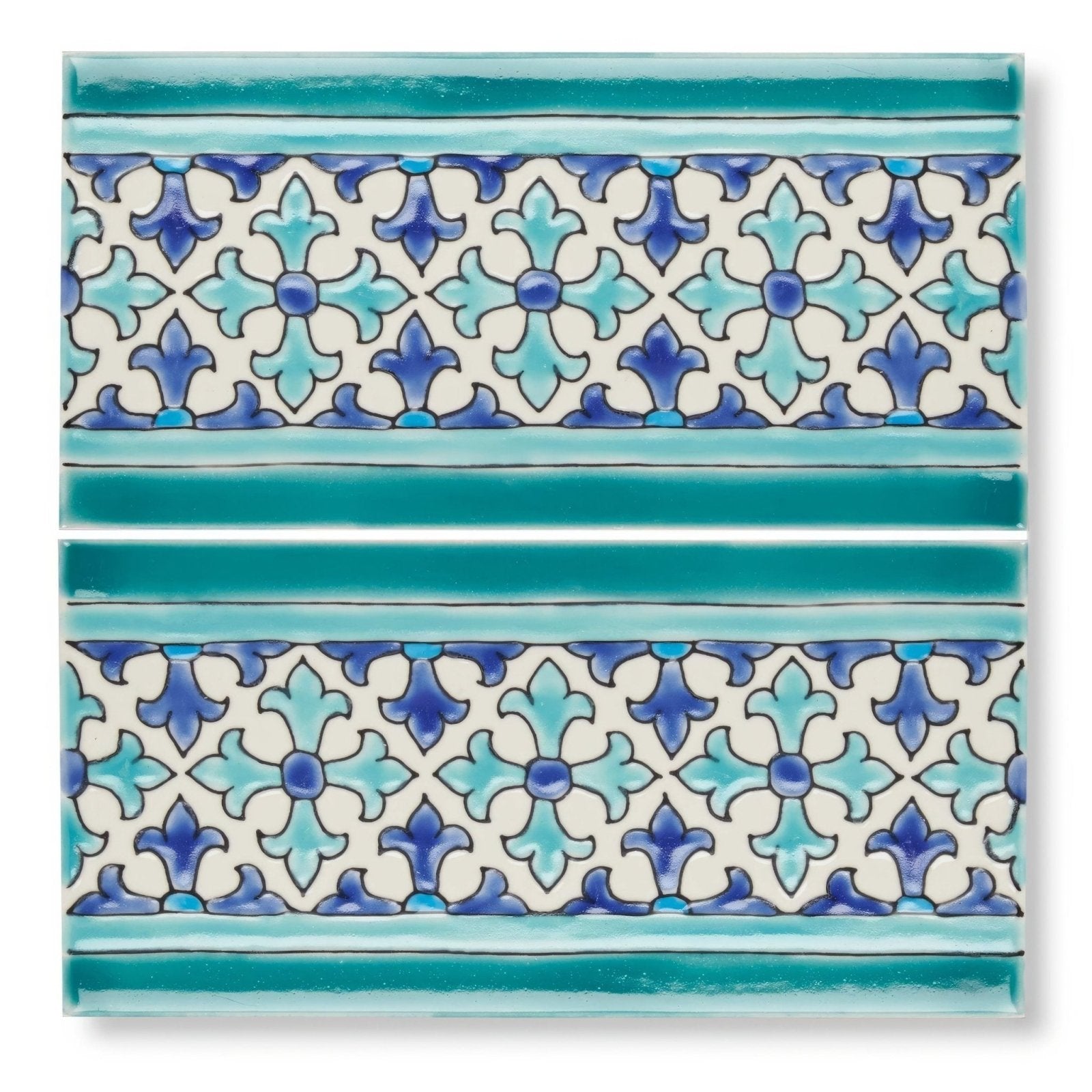 Andalucia morena patterned border ceramic tile with turquoise and blue fleur-de-lis decorative design