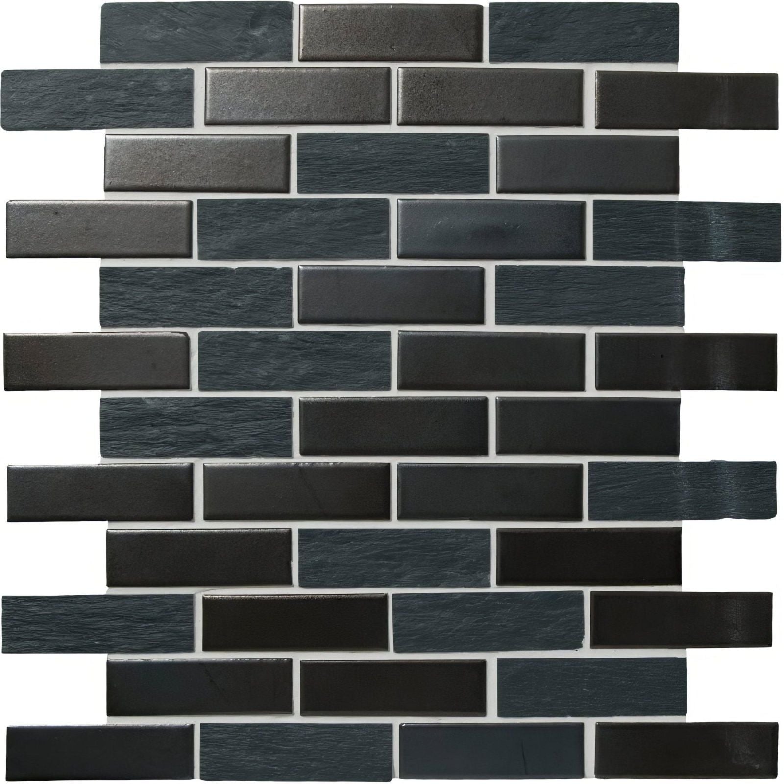 Angami mosaic dark gray and black rectangular glass tiles arranged in a staggered brick pattern