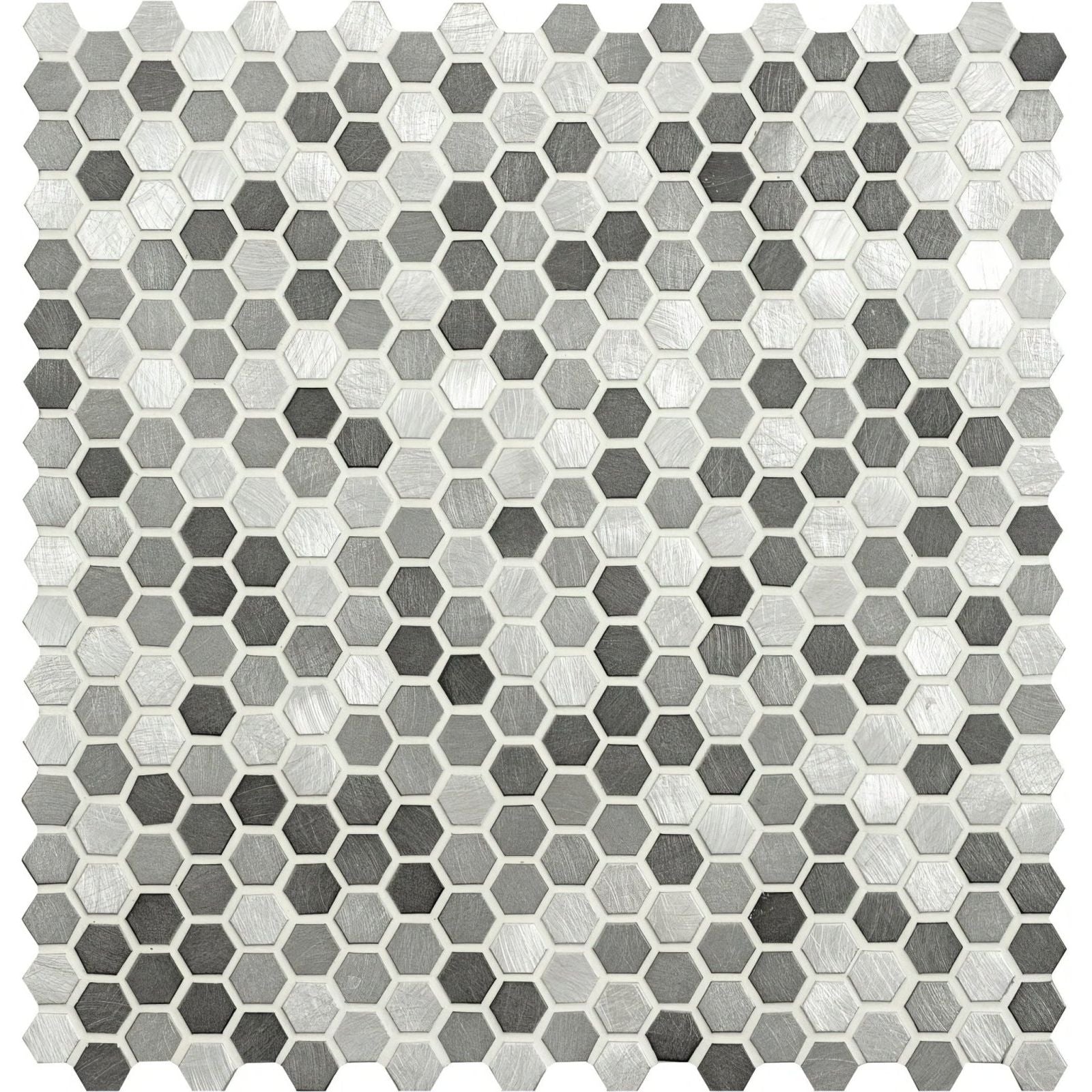 Anthe grey mix micro aluminium hexagon mosaic tile with metallic silver and dark gray brushed finish